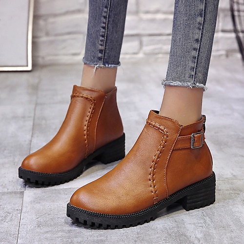 

Women's Boots Combat Boots Plus Size Booties Ankle Boots Winter Chunky Heel Round Toe PU Leather Zipper Dark Brown Black