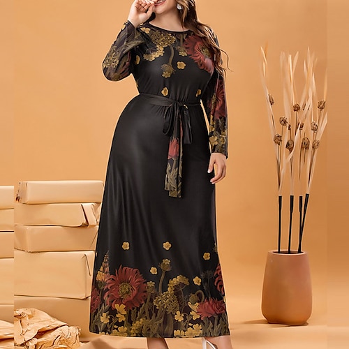 

Women's Plus Size Casual Dress Floral Crew Neck Long Sleeve Fall Winter Casual Maxi long Dress Causal Daily Dress