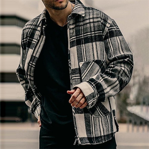 

Men's Flannel Shirt Shirt Jacket Shacket Shirt Plaid / Check Turndown Black / Gray Street Daily Long Sleeve Zipper Clothing Apparel Basic Fashion Casual Comfortable / Winter / Fall / Winter