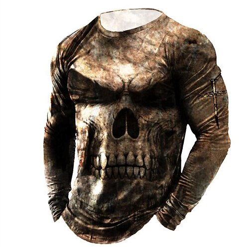 

Men's Unisex T shirt Tee Skull Graphic Prints Crew Neck Brown Long Sleeve 3D Print Outdoor Street Print Tops Basic Sports Designer Casual