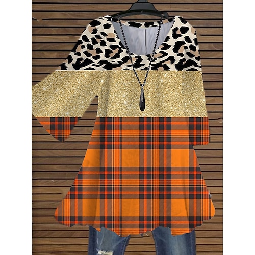 

Women's Plus Size Tops Blouse Shirt Leopard Plaid Print 3/4 Length Sleeve Crewneck Casual Halloween Halloween Daily Cotton Spandex Jersey Fall Winter Yellow khaki