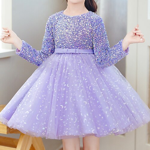 

Girls' Tulle Dress Long Sleeve Sequin Plain 3D Printed Graphic Dresses Princess Sweet Knee-length Cotton Polyester Dress Spring Fall Kids Performance Special Occasion Regular Fit Sequins Mesh