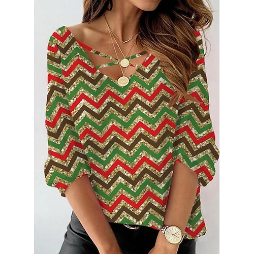 

Women's T shirt Tee Green Striped Print Long Sleeve Daily Weekend Basic V Neck Regular Painting S / 3D Print