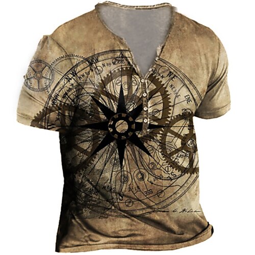 

Men's T shirt Tee Henley Shirt Tee Graphic Machine Henley Green Blue Pink Brown Short Sleeve 3D Print Plus Size Outdoor Daily Button-Down Print Tops Basic Designer Casual Big and Tall / Summer