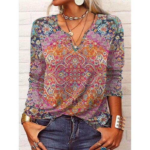 

Women's T shirt Tee Rainbow Paisley Flower Patchwork Print Long Sleeve Casual Daily Vintage V Neck Regular S / 3D Print