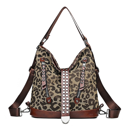 

Women's Shoulder Bag Canvas PU Leather Rivet Zipper Artwork Going out Office & Career Brown