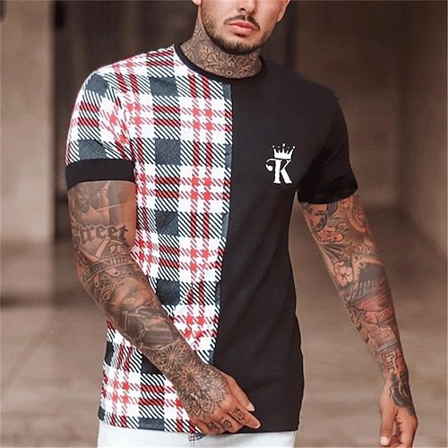 

Men's Unisex T shirt Tee Color Block Graphic Prints Tartan Crew Neck Black Short Sleeve 3D Print Outdoor Street Print Tops Sports Casual Classic Big and Tall / Summer / Summer