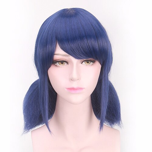 

LB Wigs Peluca Marinette Girls Women Cosplay Double Ponytail Braids Short Straight Blue Hair
