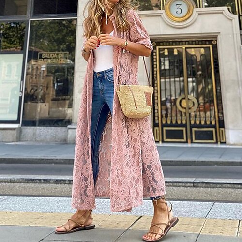 

Women's Winter Coat Breathable Comfortable Outdoor Holiday Going out Weekend Lace Patchwork Cut Out Cardigan Collarless Casual Comfortable Street Style Solid Color Regular Fit Outerwear Long Sleeve