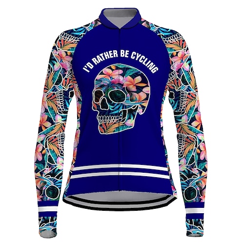 

21Grams Women's Cycling Jersey Long Sleeve Bike Top with 3 Rear Pockets Mountain Bike MTB Road Bike Cycling Breathable Quick Dry Moisture Wicking Reflective Strips Blue Skull Halloween Floral