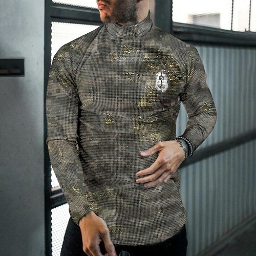 

Men's T shirt Tee Camouflage Graphic Prints Turtleneck Green Blue 3D Print Work Street Long Sleeve Print Clothing Apparel Basic Streetwear Big and Tall Pocket