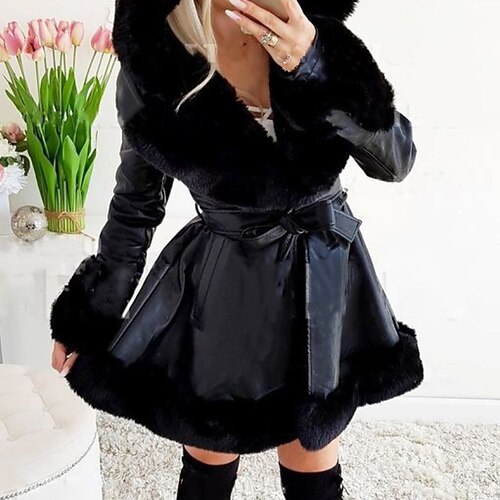 

Women's Winter Jacket Parka Warm Breathable Outdoor Street Holiday Daily Wear Ruffle Patchwork Pocket Fur Collar Cardigan Hoodie Active Comfortable Street Style Plush Solid Color Regular Fit Outerwear