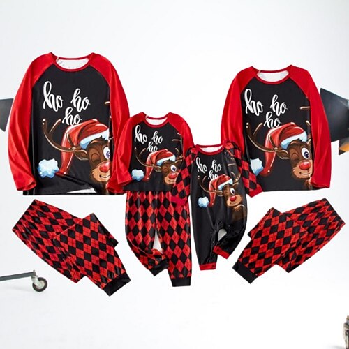 

Family Christmas Pajamas Ugly Cotton Plaid Deer Home Black Long Sleeve Mom Dad and Me Daily Matching Outfits