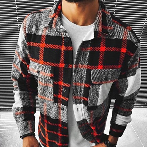 

Men's Flannel Shirt Shirt Jacket Shacket Shirt Plaid / Check Turndown Red Street Daily Long Sleeve Button-Down Clothing Apparel Basic Fashion Casual Comfortable