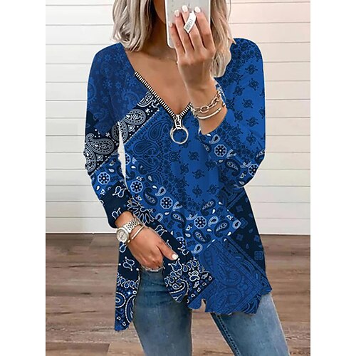 

Women's T shirt Tee Blue Graphic Quarter Zip Print Long Sleeve Casual Weekend Basic V Neck Regular Painting S / 3D Print