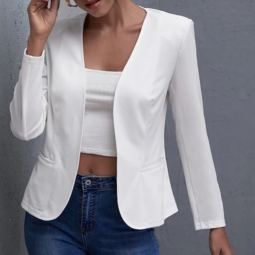 

Women's Blazer Warm Breathable Outdoor Office / Career Weekend Pocket Cardigan Collarless Fashion OL Style Modern Solid Color Regular Fit Outerwear Long Sleeve Winter Fall Black White S M L XL