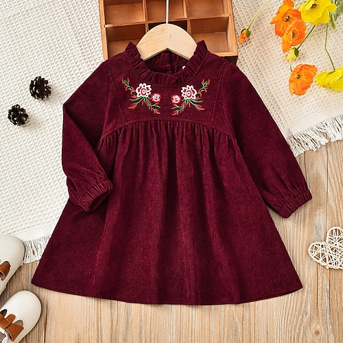 

kinderkleidung Mädchen Kleid Einfarbig A Linie Kleid Kleid Täglich Baumwolle Langarm Prinzessin Kleid 2-6 Jahre Winter Wein