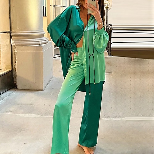 

Women's Loungewear Sets Nighty 2 Pieces Patchwork Color Combo Fashion Simple Comfort Home Street Airport Satin Breathable Lapel Long Sleeve Shirt Pant Fall Spring Green / Silk