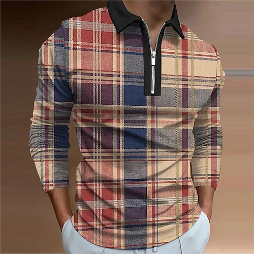 

Men's Collar Polo Shirt Golf Shirt Plaid Turndown Khaki 3D Print Outdoor Street Long Sleeve Zipper Print Clothing Apparel Fashion Designer Casual Breathable