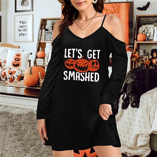 

Women's Casual Dress Strap Dress Short Mini Dress Green White Black Yellow Orange Long Sleeve Skull Letter Pumpkin Cold Shoulder Print Fall Winter Spaghetti Strap Casual 2022 S M L XL XXL