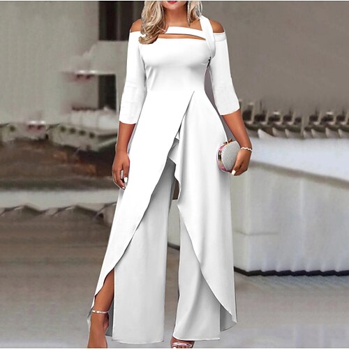 

Women's Jumpsuit Solid Color Off Shoulder Elegant Business Work Straight Regular Fit 3/4 Length Sleeve White 3XL Fall