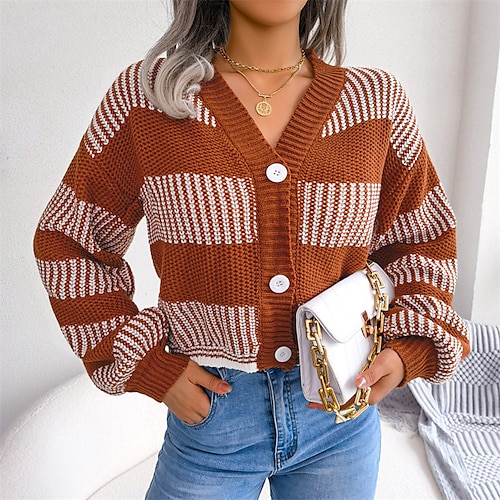 

Women's Cardigan Sweater Jumper Crochet Knit Patchwork Knitted Striped V Neck Stylish Casual Outdoor Daily Winter Fall Green Brown S M L / Long Sleeve / Holiday / Regular Fit / Going out