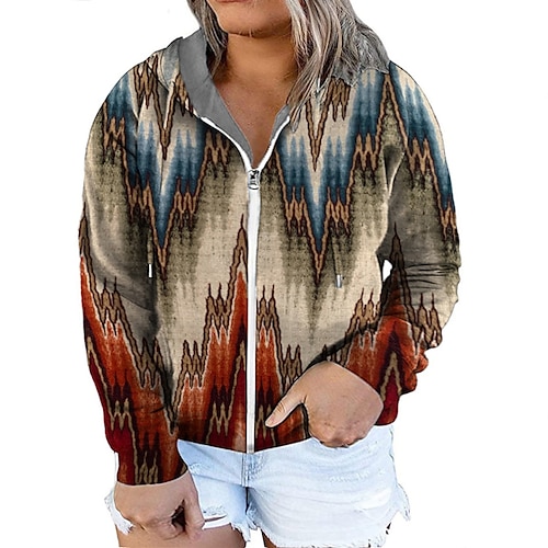 

Women's Plus Size Tops Hoodie Sweatshirt Geometry Zipper Print Long Sleeve Hooded Streetwear Daily Vacation Polyester Fall Winter khaki / 3D Print