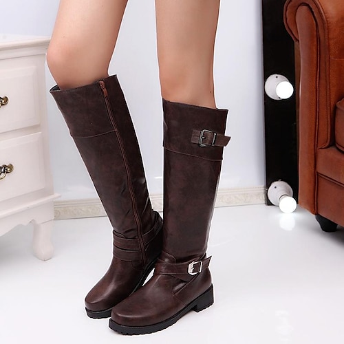 

Women's Boots Outdoor Daily Riding Boots Knee High Boots Winter Buckle Low Heel Round Toe Casual Minimalism PU Leather Zipper Solid Colored Dark Brown Black Army Green