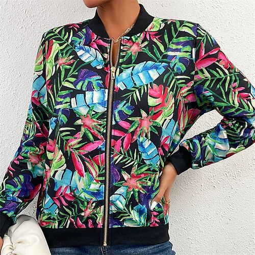 

Women's Casual Jacket Warm Comfortable Outdoor Daily Wear Vacation Going out Zipper Pocket Print Zipper Crewneck Active Modern Street Style Floral Regular Fit Outerwear Long Sleeve Winter Fall Green