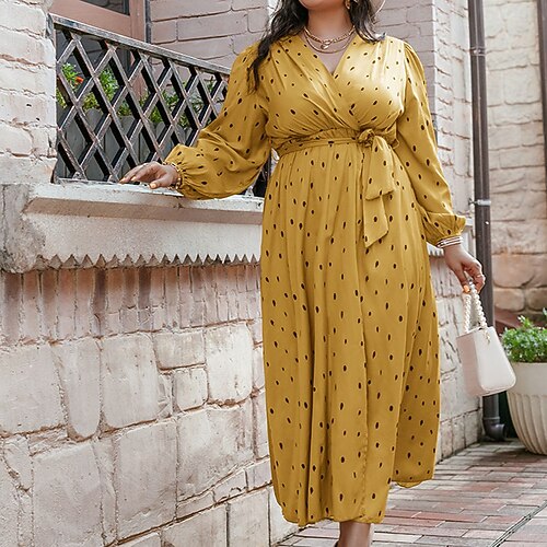 

Women's Plus Size A Line Dress Polka Dot V Neck Long Sleeve Fall Winter Stylish Elegant Maxi long Dress Daily Vacation Dress