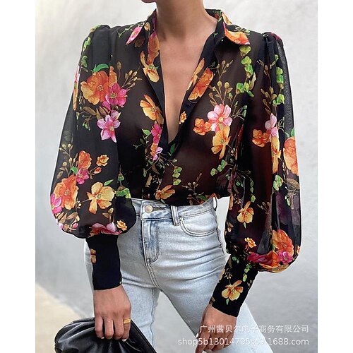 

Spot 2021 European And American New Printed Chiffon Lantern Sleeve Tops