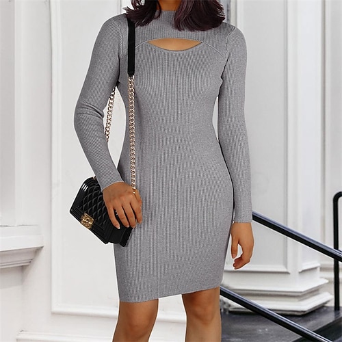 

Women's Cut Out Dress Bodycon Sheath Dress Black Beige Gray Long Sleeve Pure Color Cut Out Winter Fall Turtleneck Fashion Winter Dress Fall Dress Slim 2022 S M L XL