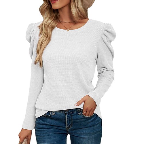 

autumn winter long-sleeved pleated stitching round neck waffle t-shirt top women
