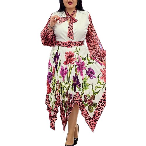 

Women's Plus Size Work Dress Leopard V Neck Long Sleeve Fall Winter Work Sexy Midi Dress Vacation Going out Dress
