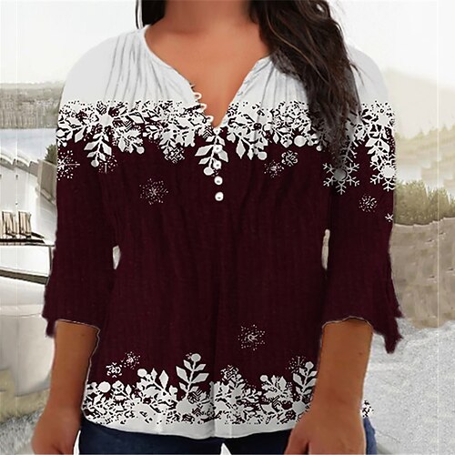 

Women's Plus Size Tops Christmas Blouse Shirt Sunflower Snowflake Button Print 3/4 Length Sleeve V Neck Casual Daily Cotton Spandex Jersey Fall Winter Wine