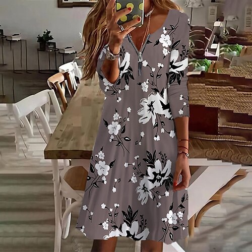 

Mujer Vestido informal Vestido estilo camiseta Gris negro Marrón Blanco Manga Larga Floral Cremallera Invierno Otoño Escote en Pico 2022 XS S M L XL XXL 3XL 4XL 5XL 6XL