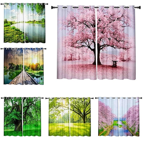 

3D Print Blackout Curtain Feather Print Curtain Drapes for Living Room Thermal Insulated Grommet Window Curtains for Bedroom 1 set / PVC Bag Natural scenery Woods Trees Towers