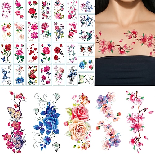 

35 pcs 3D Lily Flower Temporary Tattoos For Women Adults Rose Lotus Anemone Tattoo Sticker Fake Half Sleeve Watercolor Arm Tatoos