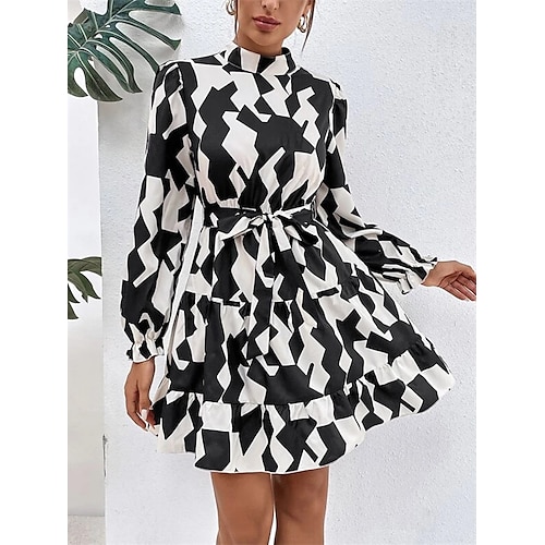 

Women's Sheath Dress Short Mini Dress Short Mini Dress Black And White Long Sleeve Geometric With Belt Fall Winter High Neck Elegant Modern 2022 S M L XL