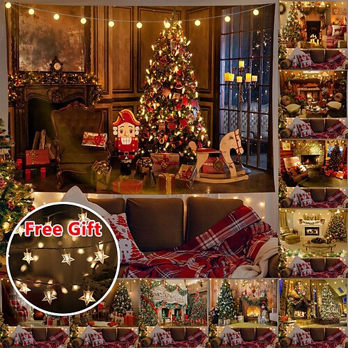 

Christmas Party Wall Tapestry Holiday Photography Background Fireplace Christmas Tree Gift Art Decor Blanket Curtain Hanging Home Bedroom Living Room Decoration Polyester(with LED String Lights)