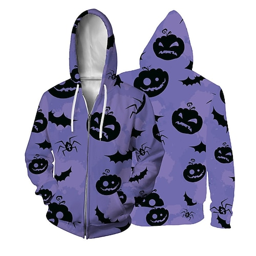 

Men's Unisex Full Zip Hoodie Jacket Hooded Pumpkin Graphic Prints Bat Zipper Print Sports Outdoor Daily Sports 3D Print Basic Streetwear Casual Hoodies Sweatshirts Long Sleeve Purple