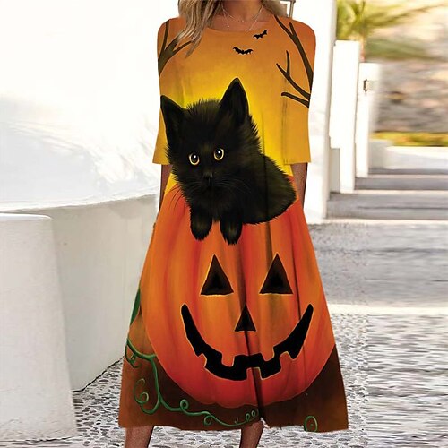 

Women's Casual Dress Shift Dress Midi Dress Yellow 3/4 Length Sleeve Animal Cat Pumpkin Ruched Print Fall Winter Round Neck Vacation Vintage Casual 2022 S M L XL XXL 3XL