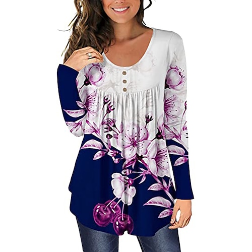 

Women's Blouse Shirt Tunic Blue Purple Fuchsia Graphic Floral Flowing tunic Print Long Sleeve Holiday Casual Round Neck Long Floral S