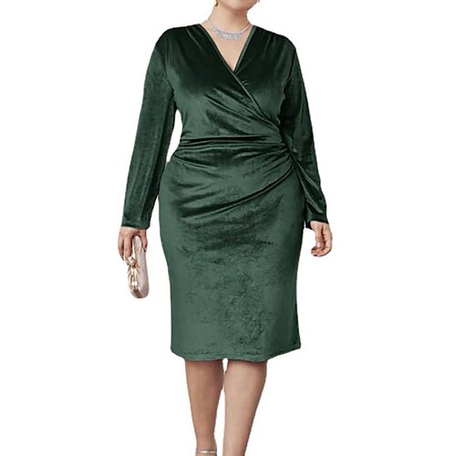 

Women's Plus Size Party Dress Velvet Solid Color V Neck Long Sleeve Fall Winter Stylish Elegant Knee Length Dress Party Date Dress