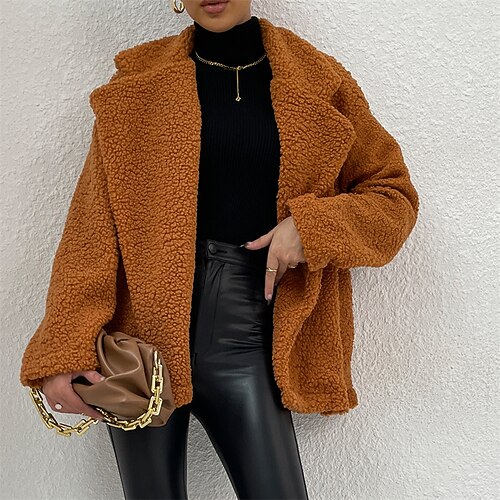 

Women's Teddy Coat Windproof Warm Outdoor Street Daily Vacation Oversized Open Front Turndown Fashion Modern Street Style Solid Color Regular Fit Outerwear Long Sleeve Winter Fall Green Brown S M L XL