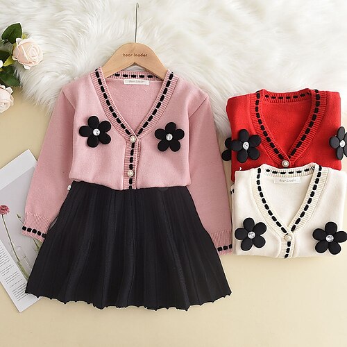 

Kids Toddler Girls' SkirtSet Clothing Set 2 Pieces Long Sleeve White Pink Red Floral Pleated V Neck Fashion Cute 2-8 Years / Spring / Fall / Winter