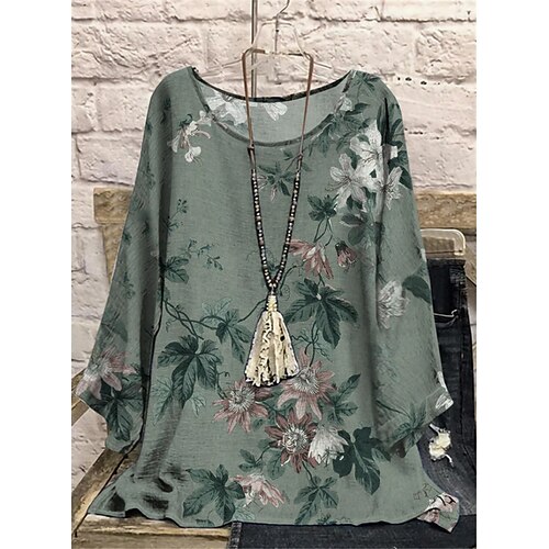 

Women's Plus Size Tops Blouse Shirt Floral Print Long Sleeve Crewneck Casual Daily Vacation Polyester Fall Winter Green