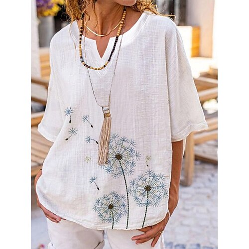 

Women's Blouse Shirt White Dandelion Print Short Sleeve Holiday Weekend Streetwear Casual V Neck Regular Floral S / 3D Print