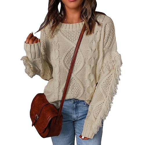 

Women's Pullover Sweater jumper Jumper Cable Knit Tassel Knitted Pure Color Crew Neck Stylish Casual Outdoor Daily Winter Fall Pink Beige S M L / Long Sleeve / Holiday / Regular Fit / Going out