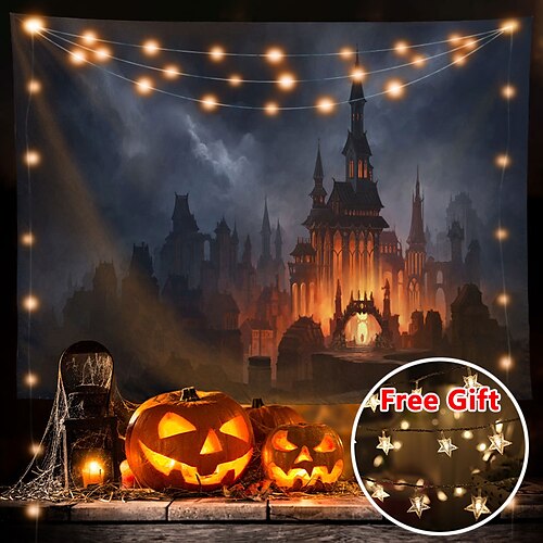 

Halloween Party Wall Tapestry Art Decor Blanket Curtain Hanging Home Bedroom Living Room Decoration Polyester Ghost Pumpkin Graveyard Bat Witch(with LED String Lights)